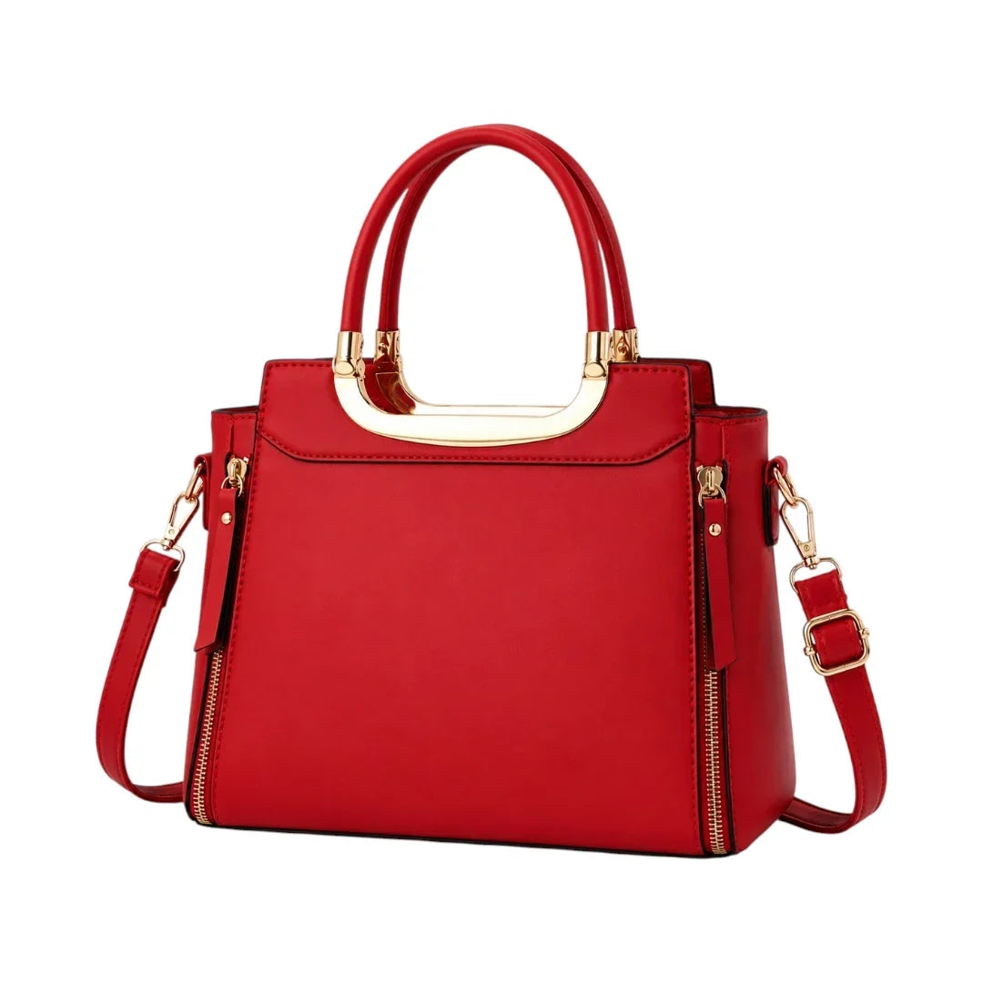 General Birchmark Ruby Red Structured Shoulder Bag, front view with gold-tone hardware