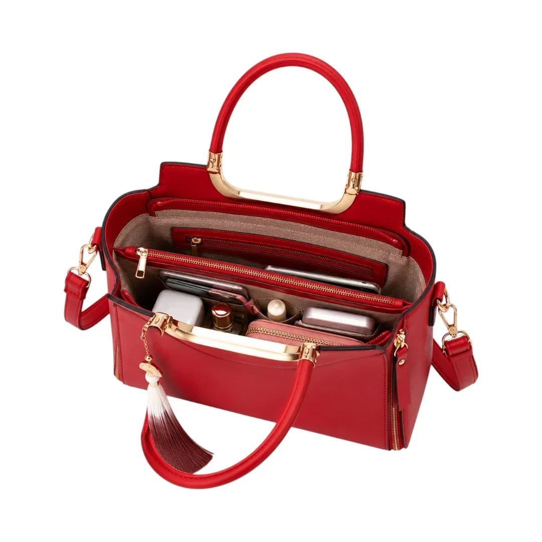 General Birchmark Ruby Red Structured Shoulder Bag, lined interior with slip pocket