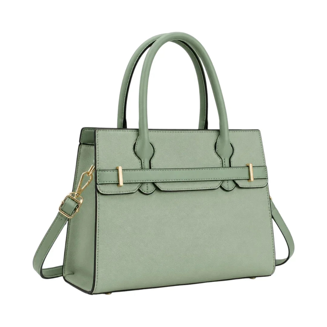 General Birchmark Sage Green Structured Shoulder Bag, three-quarter front view with strap