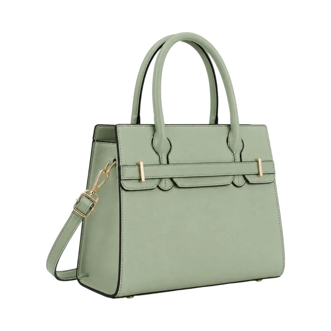 General Birchmark Sage Green Structured Shoulder Bag, angled view showing gold-tone hardware