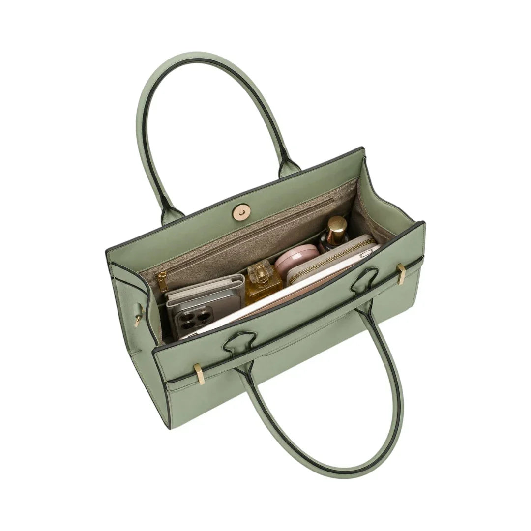 General Birchmark Sage Green Structured Shoulder Bag, lined interior with slip pocket